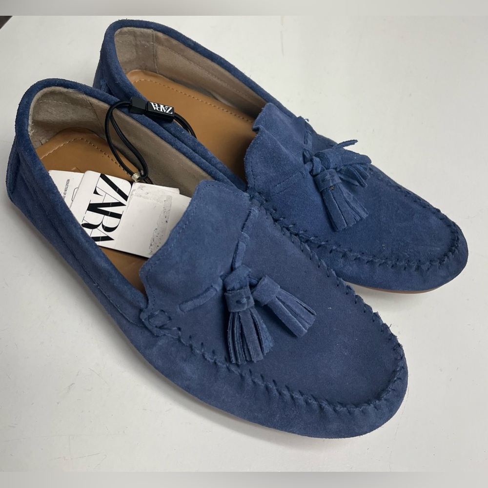 Blue Zara Leather Moccasin Shoes USA Size 7 EUR 40 New with Tags